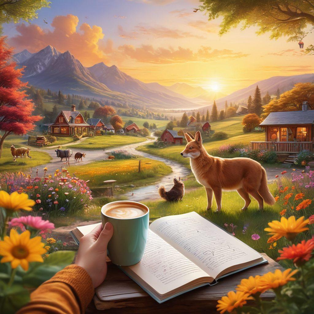 A radiant sunrise casting warm golden light over a peaceful landscape filled with colorful flowers and playful animals. In the foreground, a person joyfully holding a coffee cup, surrounded by symbols of everyday happiness like a journal, a friend, and laughter. The scene embodies positivity and warmth, inviting viewers to embrace happiness in their daily lives. super-realistic. vibrant colors. soft focus.