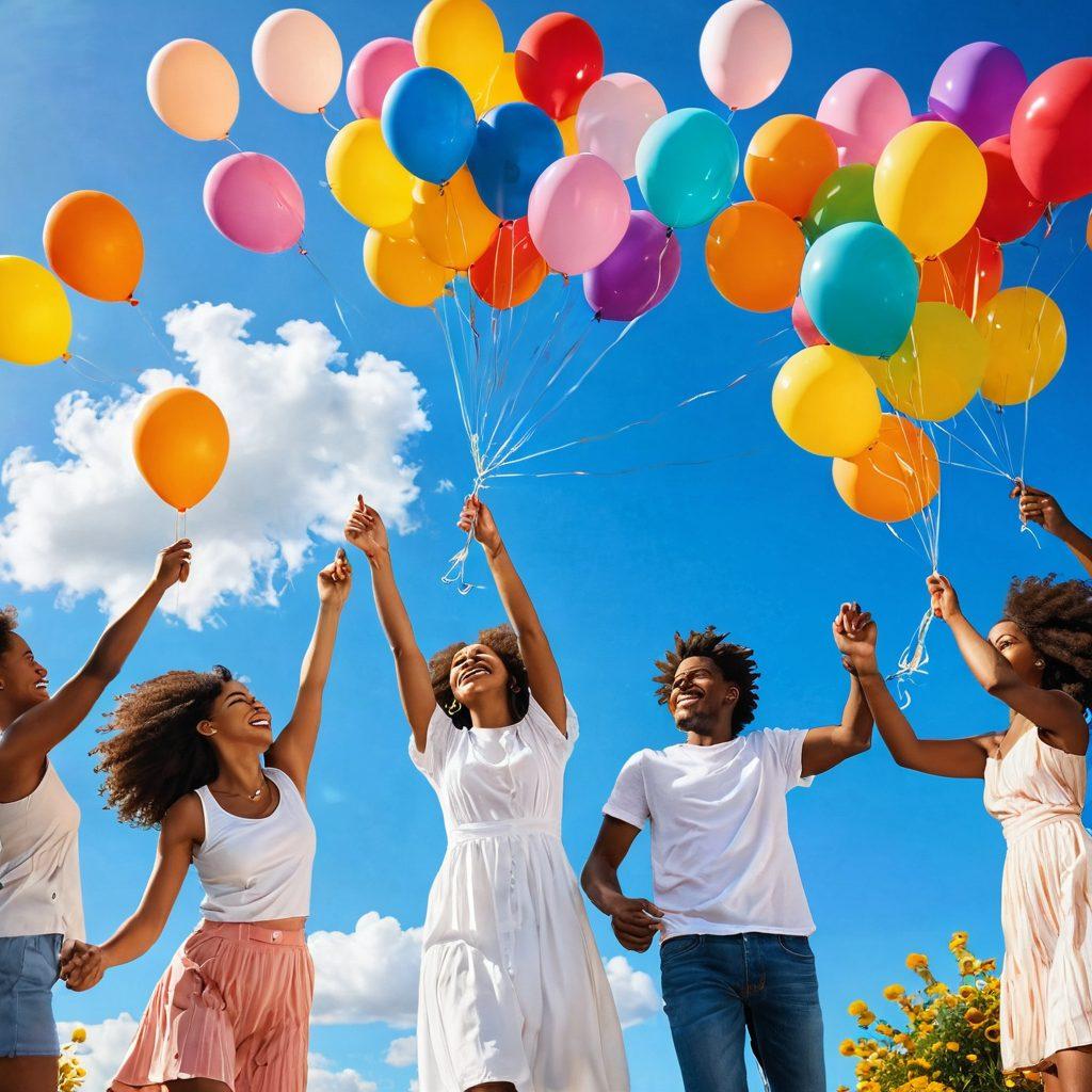 A bright, uplifting scene featuring a diverse group of people, smiling and engaged in joyful activities under a radiant sun. Vibrant flowers bloom around them, symbolizing cheerfulness, while colorful balloons float in the air. The background showcases a clear blue sky and soft, fluffy clouds. The overall atmosphere conveys warmth, positivity, and connection. super-realistic. vibrant colors. white background.