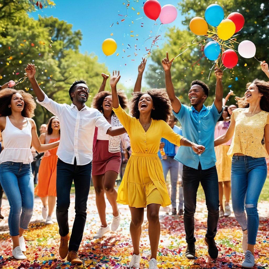 A colorful celebration scene featuring diverse people laughing, dancing, and enjoying vibrant confetti in the air. Include elements of joy such as balloons, streamers, and a bright sun in the background. Portray a sense of community and togetherness in a sunny park setting. Use warm and uplifting colors to evoke a sense of happiness and exhilaration. super-realistic. vibrant colors. lively atmosphere.